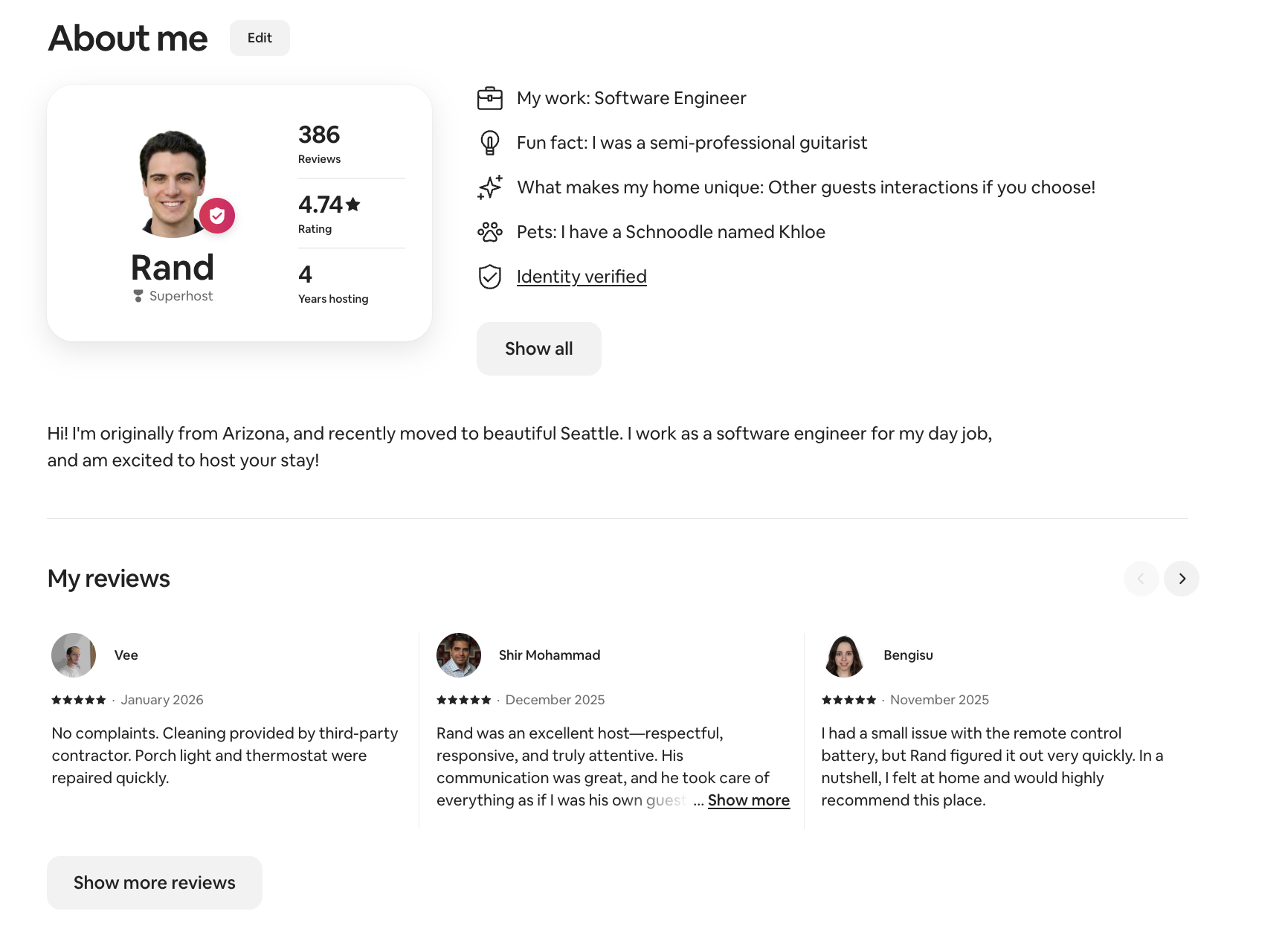 Airbnb Superhost profile showing 380+ five-star reviews across four years